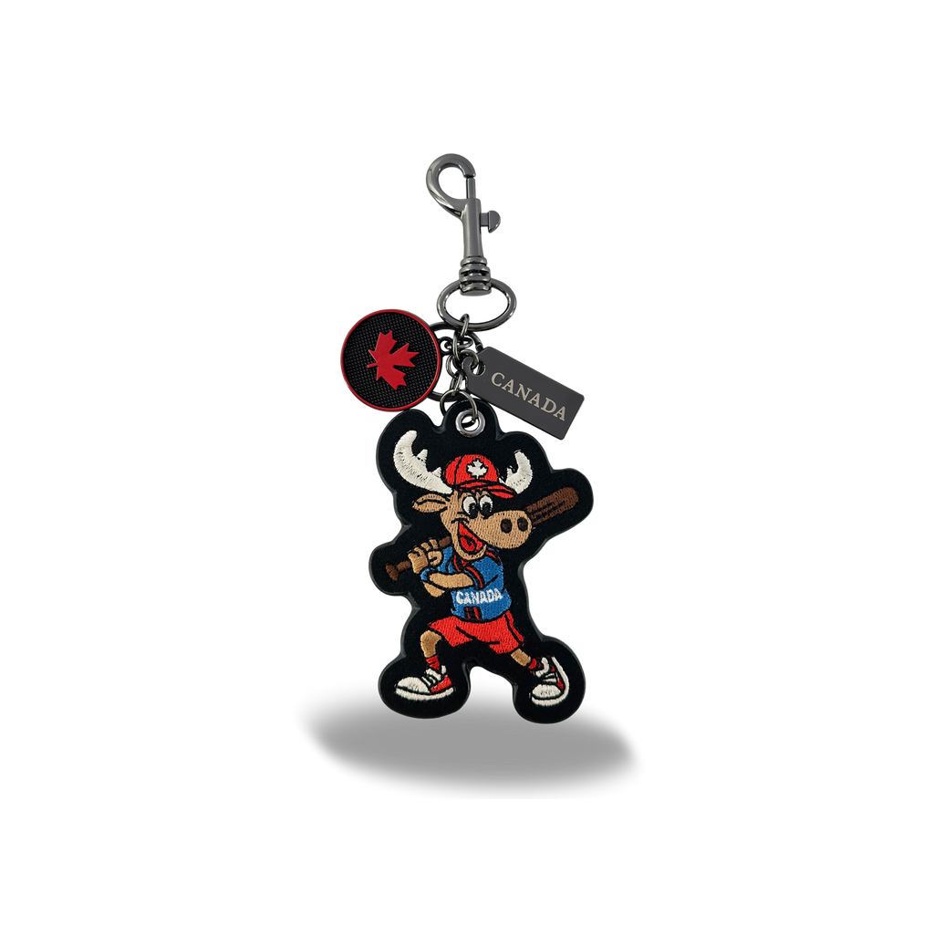 Canada Moose Embroidered Bag Charm Keychain with Fun Baseball Sport Canada Design