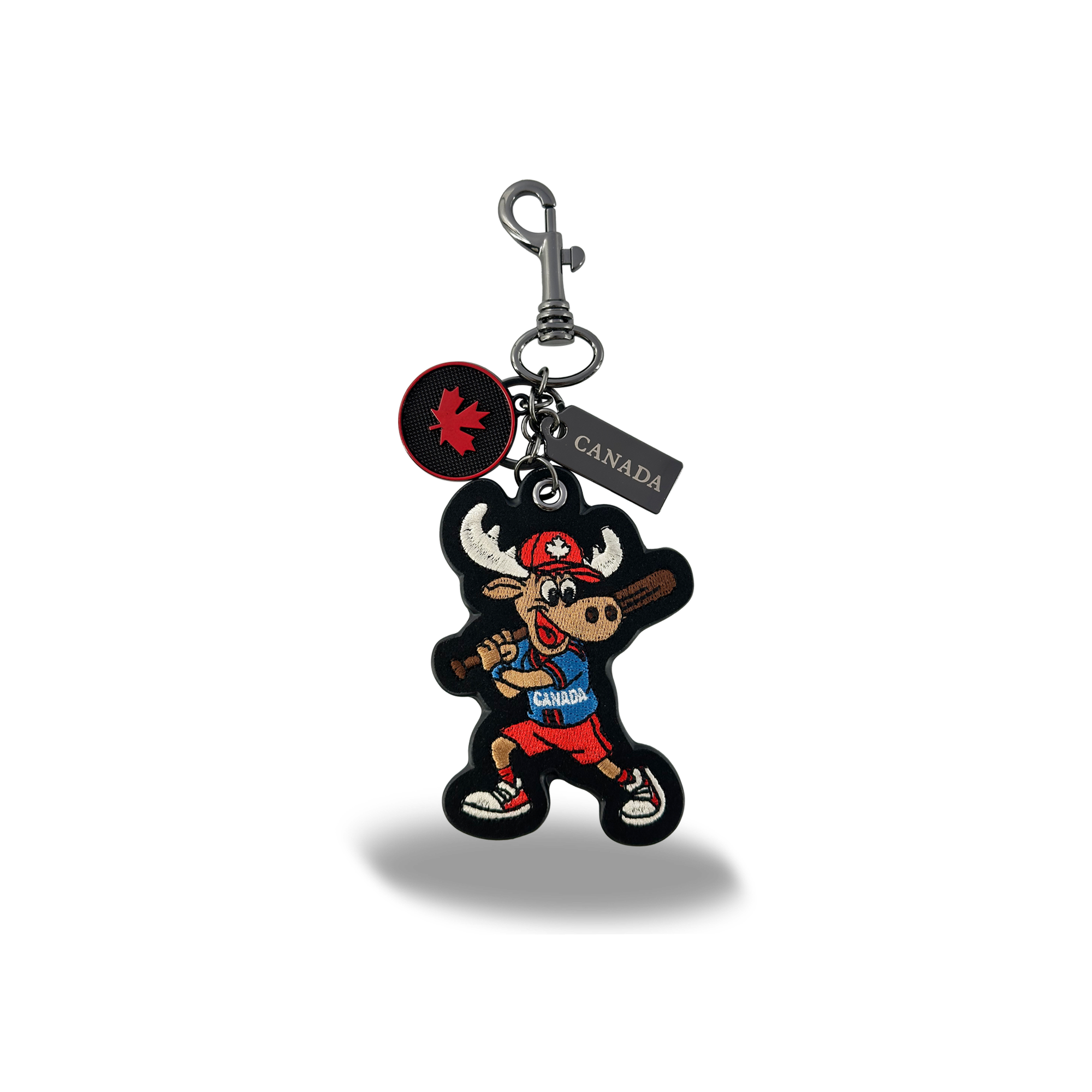 Canada Moose Embroidered Bag Charm Keychain with Fun Baseball Sport Canada Design