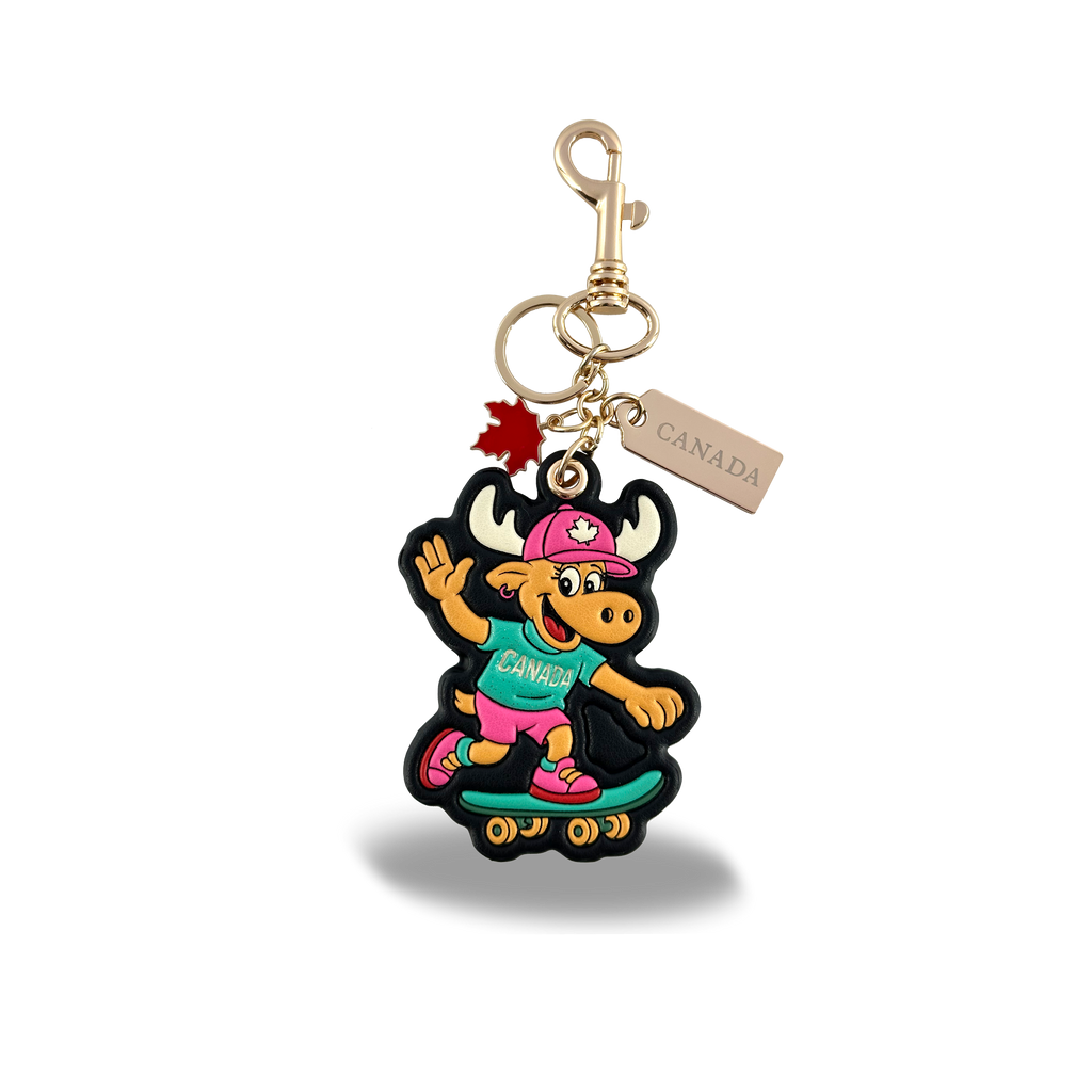 Canada Moose 3D PU Bag Charm Keychain with Fun Skateboarding Canada Design