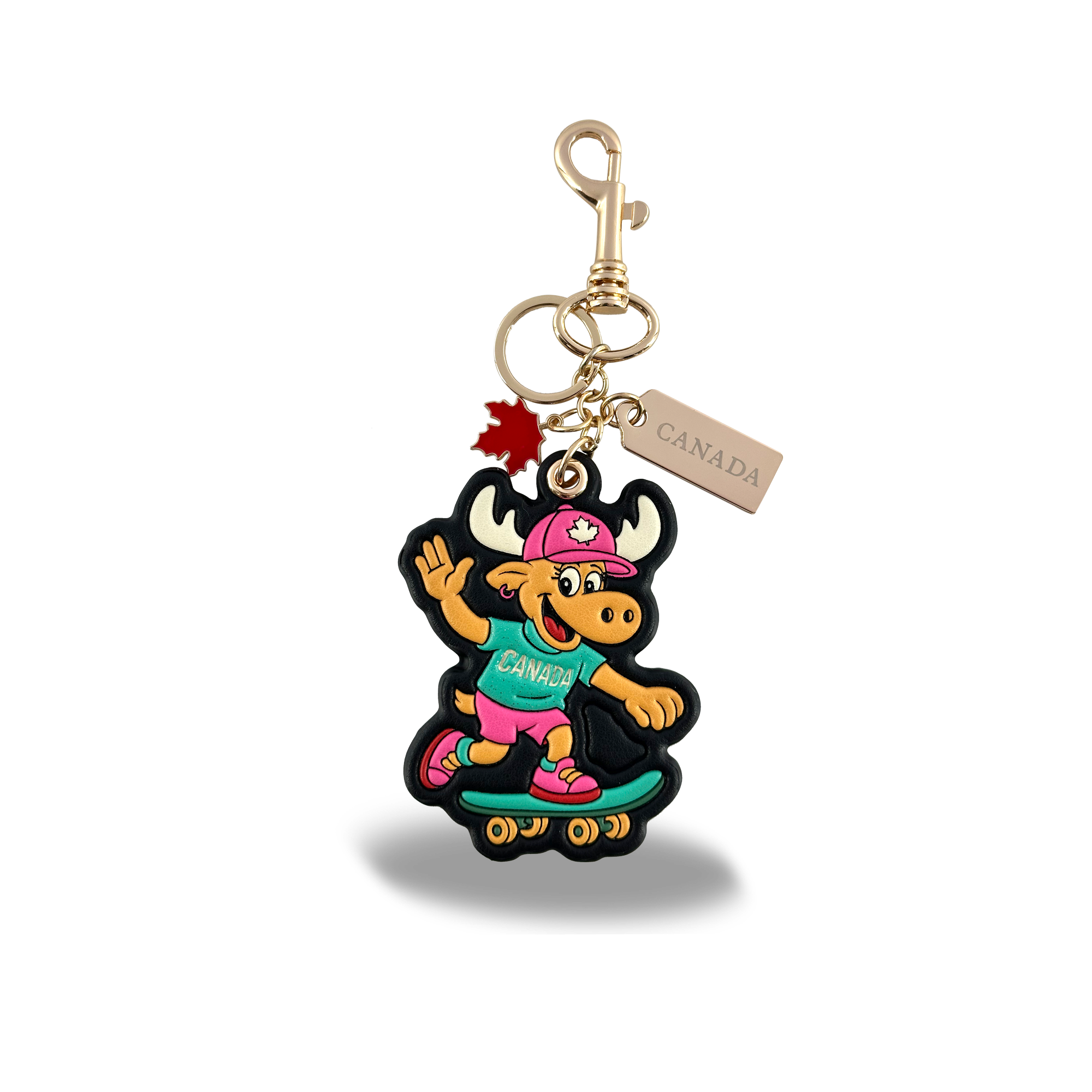 Canada Moose 3D PU Bag Charm Keychain with Fun Skateboarding Canada Design