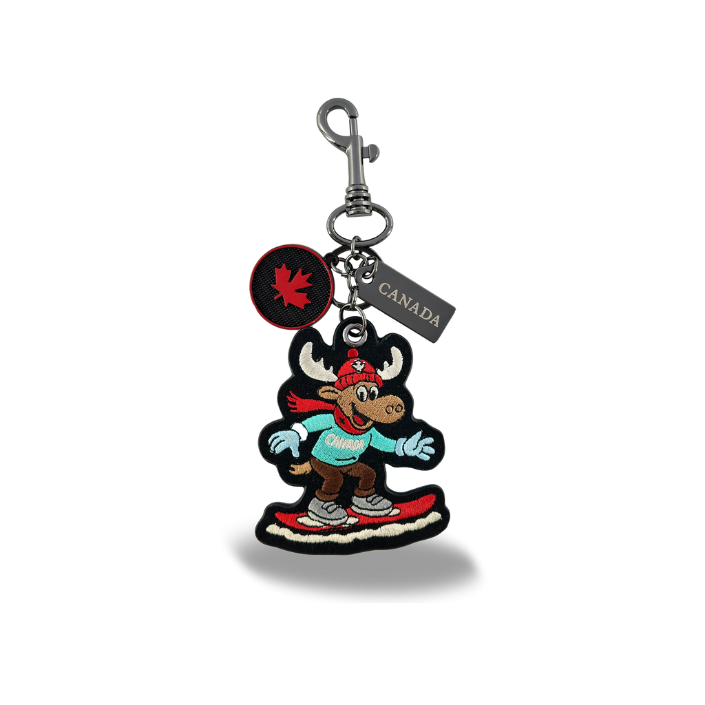 Canada Moose Embroidered Bag Charm Keychain with Fun Snowboarding Winter Canada Design