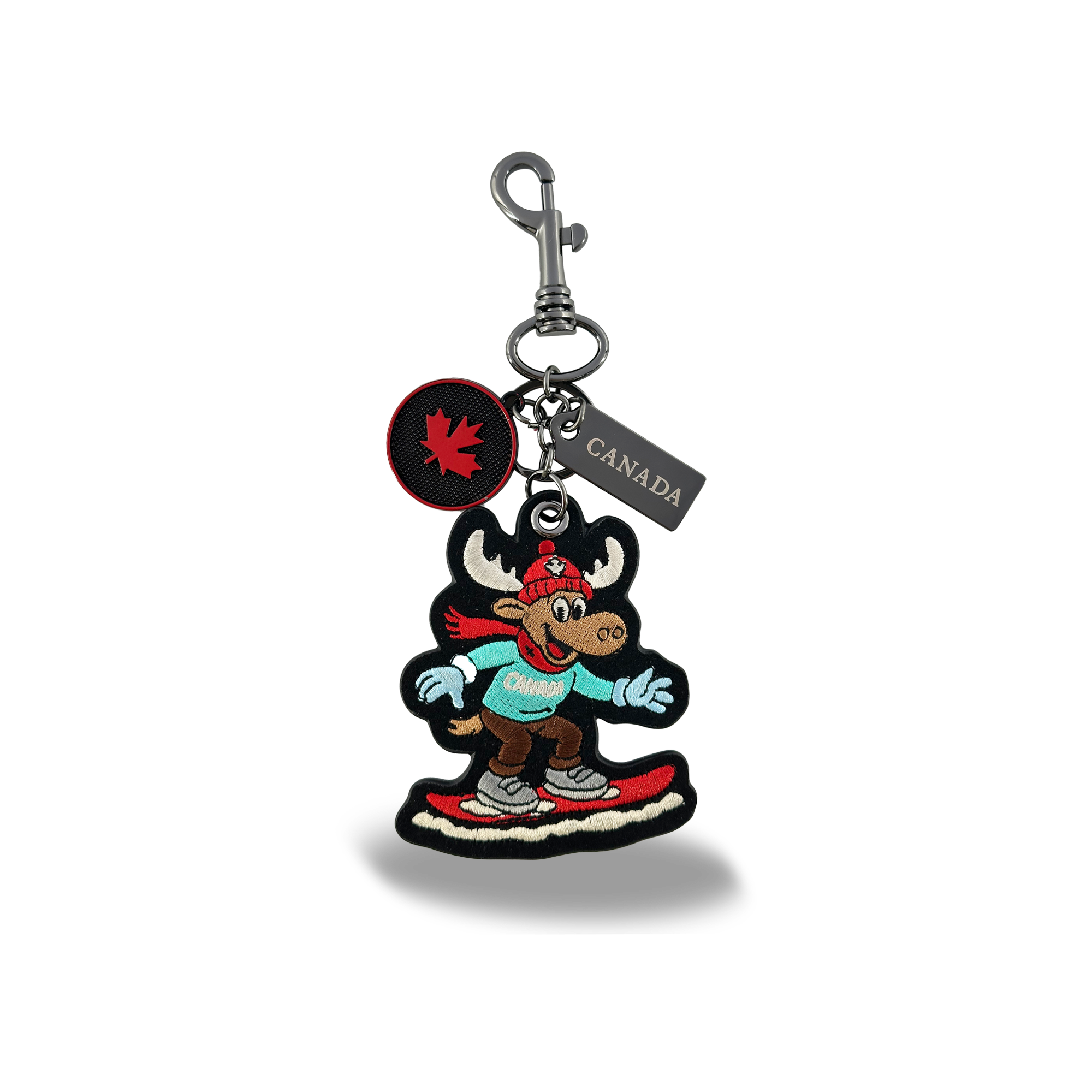 Canada Moose Embroidered Bag Charm Keychain with Fun Snowboarding Winter Canada Design