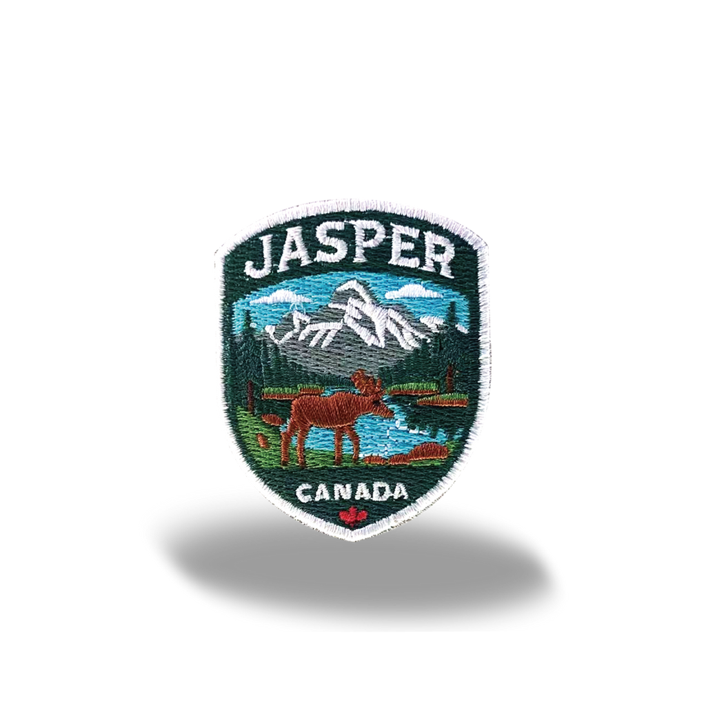 Jasper Moose Mountain Lake Shield Canadian Rockies Embroidered Iron-On Patch - Collectible Nature Patch