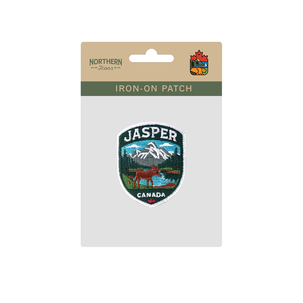 Jasper Moose Mountain Lake Shield Canadian Rockies Embroidered Iron-On Patch - Collectible Nature Patch