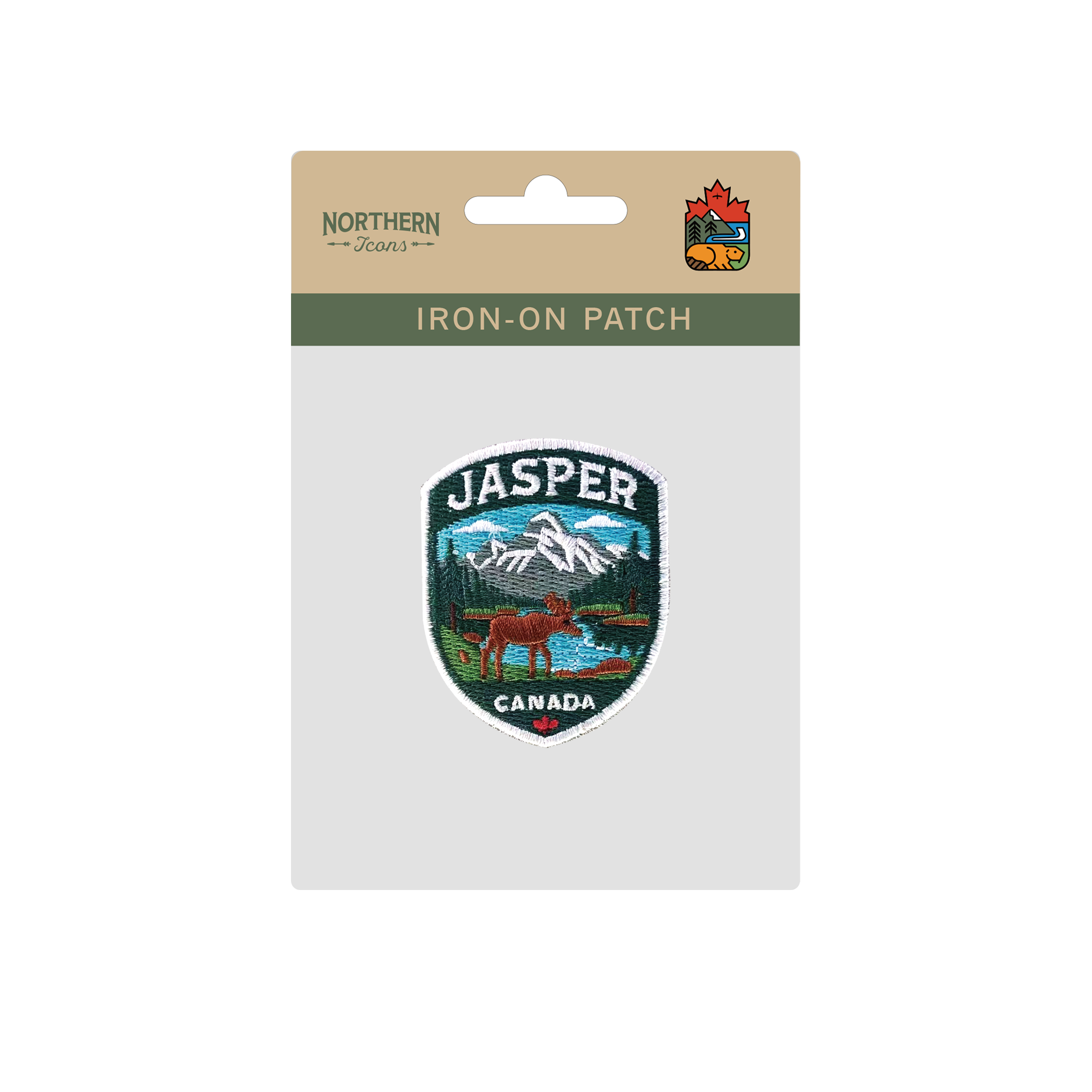 Jasper Moose Mountain Lake Shield Canadian Rockies Embroidered Iron-On Patch - Collectible Nature Patch