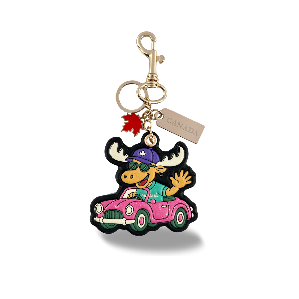 Canada Moose 3D PU Bag Charm Keychain with Fun Road Trip Canada Design