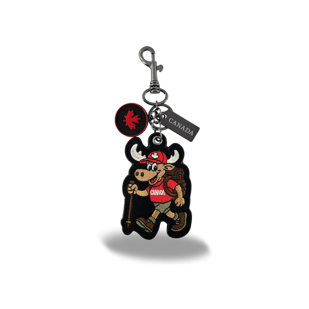 Canada Moose Embroidered Bag Charm Keychain with Fun Hiking Outdoor Canada Design