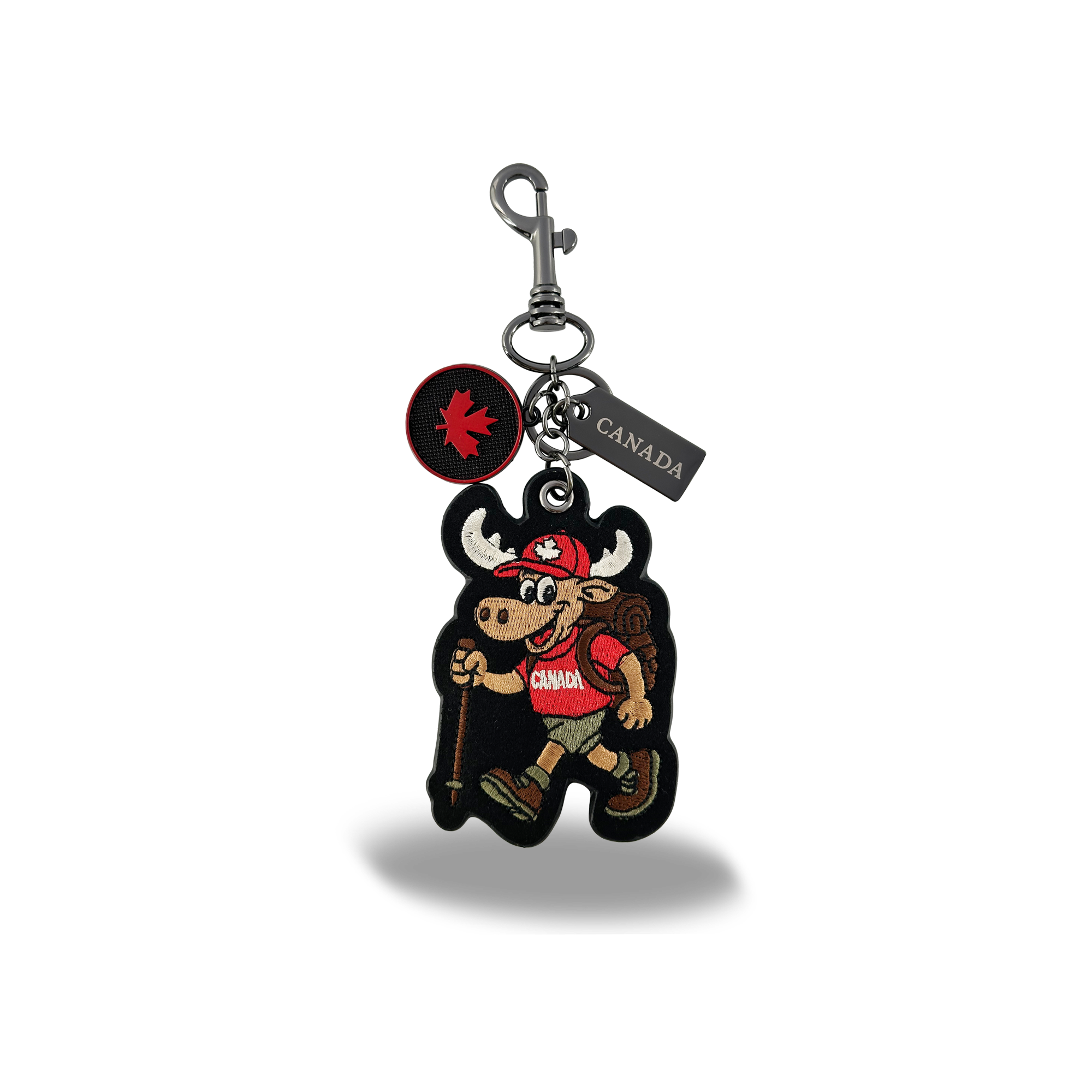 Canada Moose Embroidered Bag Charm Keychain with Fun Hiking Outdoor Canada Design