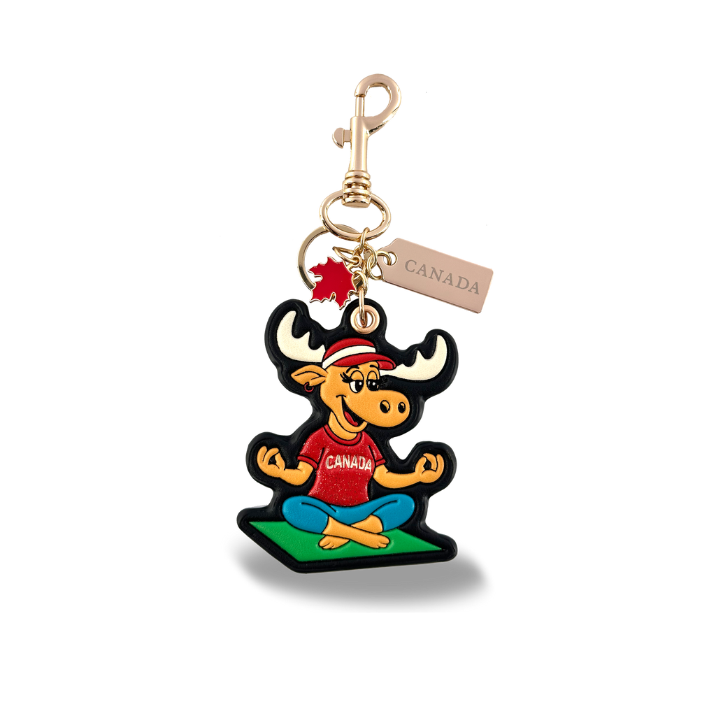 Canada Moose 3D PU Bag Charm Keychain with Fun Yoga Meditation Canada Design