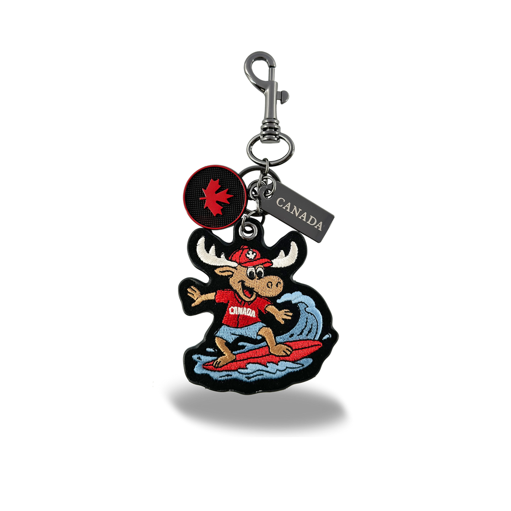 Canada Moose Surfing Embroidered Bag Charm Keychain Coastal Travel Souvenir