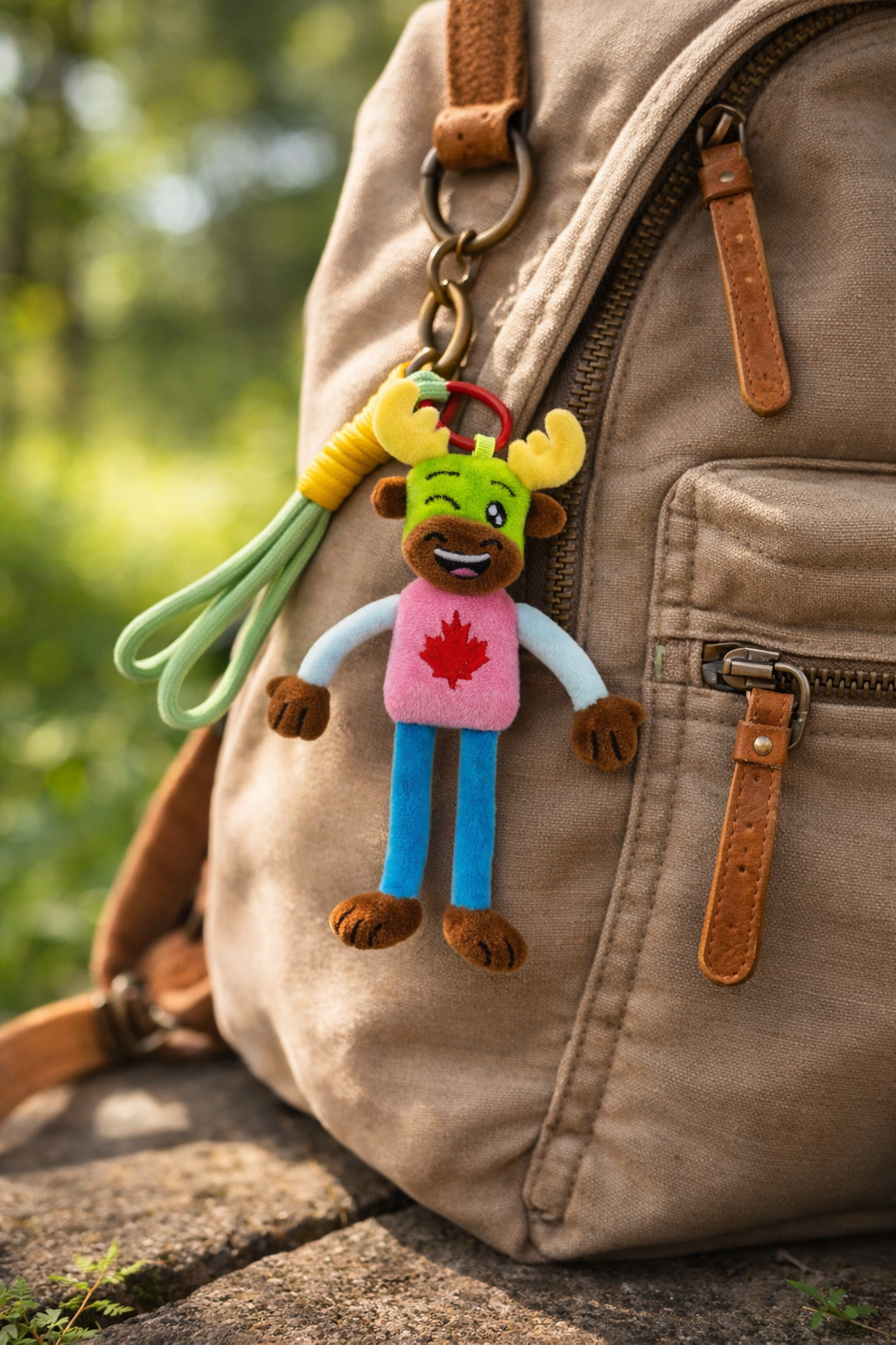 Playful Canada Moose Plush Bag Charm Keychain with Maple Leaf Accent