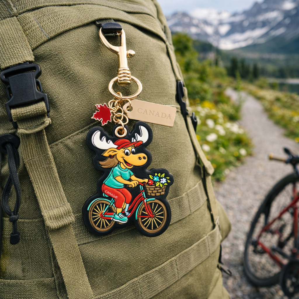 Canada Moose 3D PU Bag Charm Keychain with Fun Cycling Canada Design
