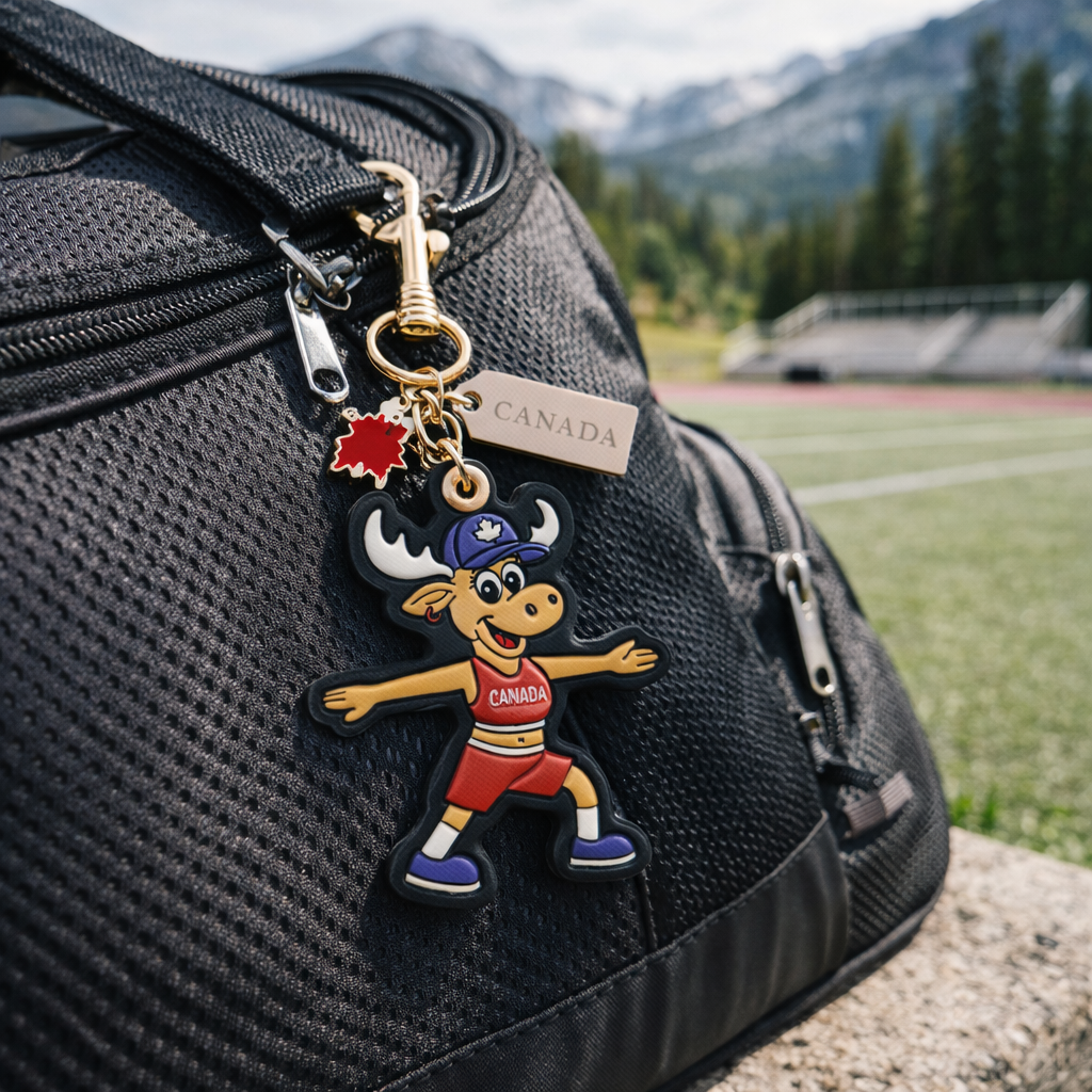 Canada Moose 3D PU Bag Charm Keychain with Fun Active Cheer Canada Design