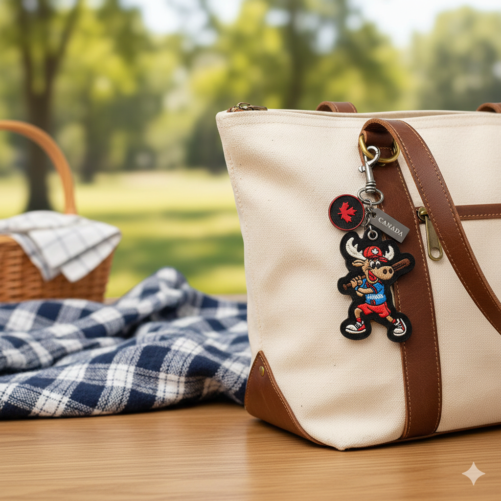 Canada Moose Embroidered Bag Charm Keychain with Fun Baseball Sport Canada Design