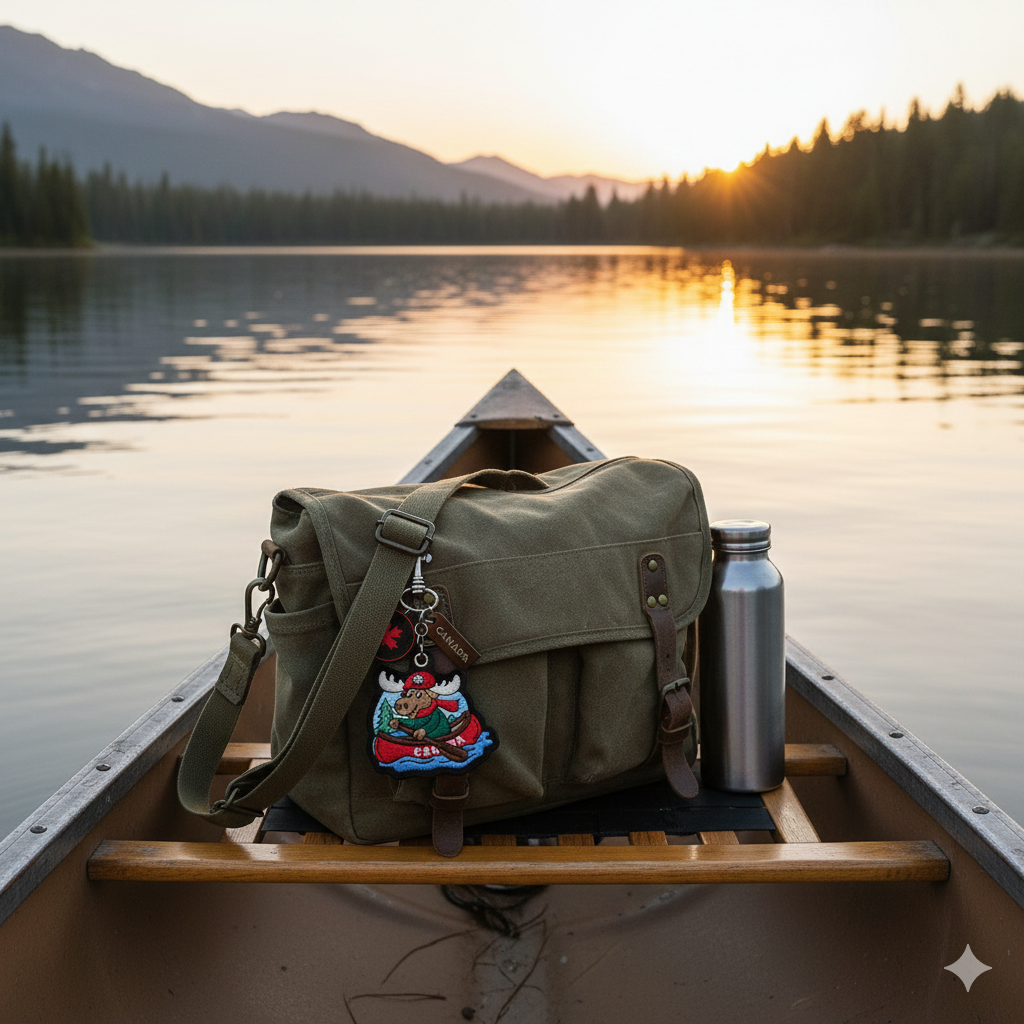 Embroidered Canada Moose Canoe Bag Charm Keychain Outdoor Adventure Gift
