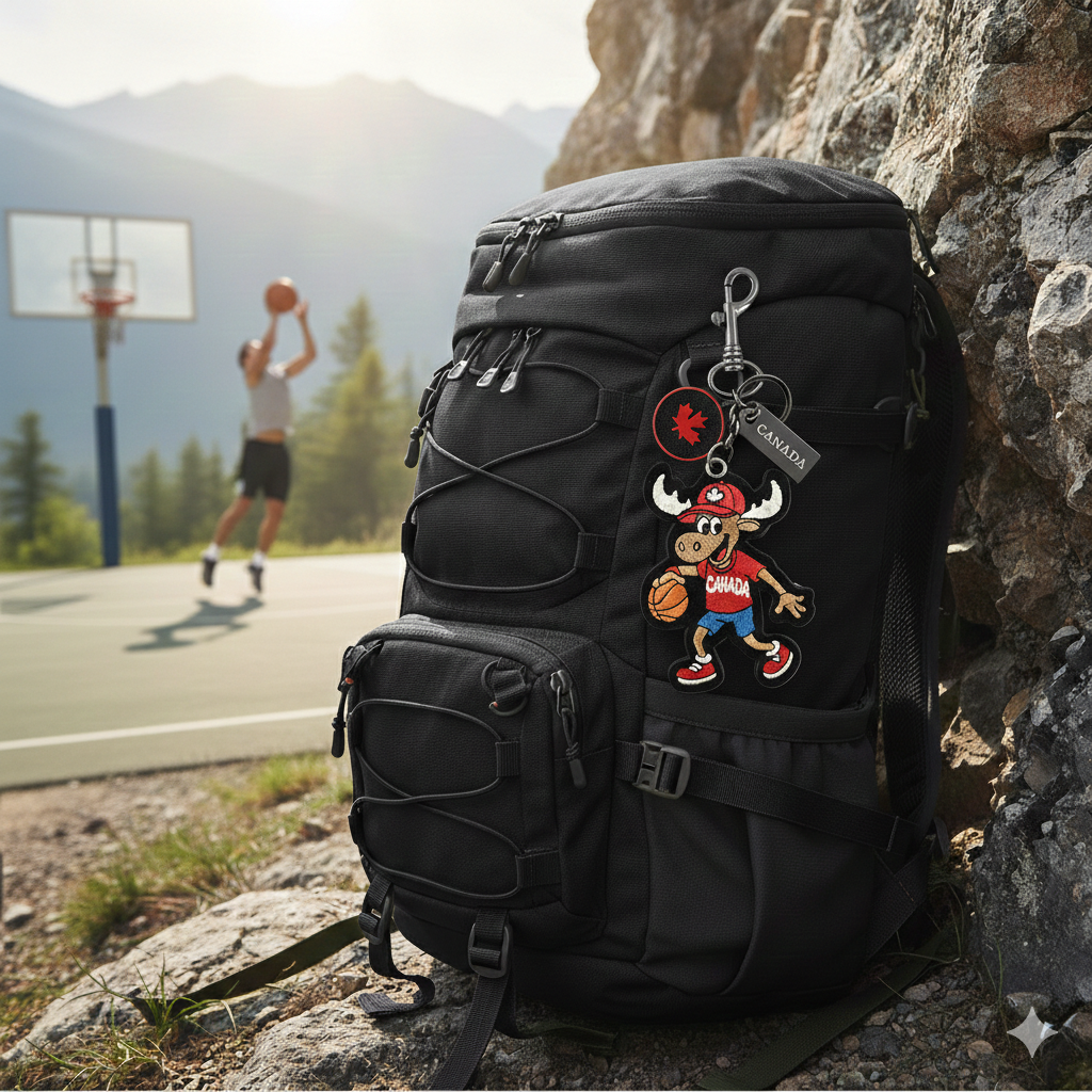 Canada Moose Basketball Embroidered Bag Charm Keychain Travel Souvenir Accessory
