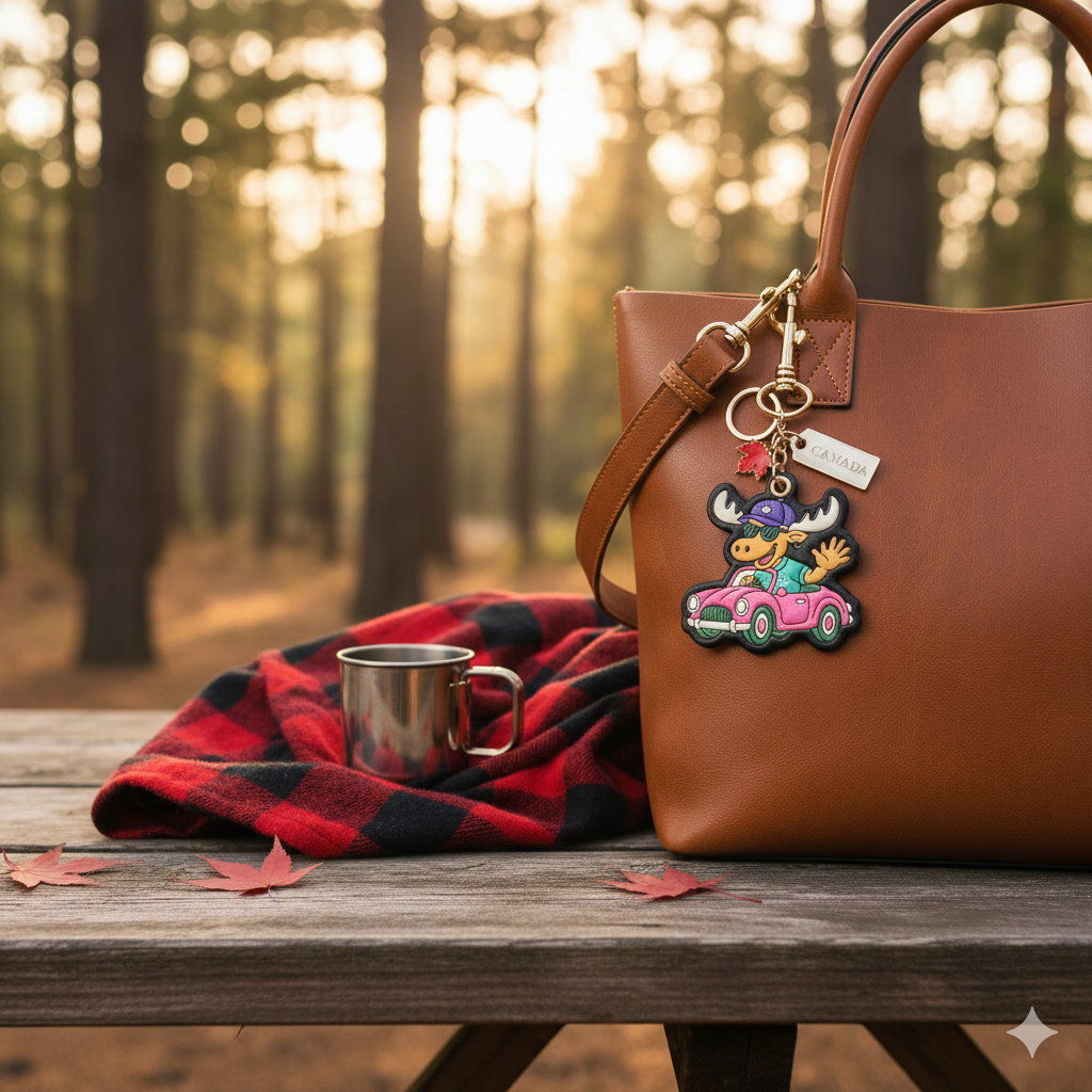 Canada Moose 3D PU Bag Charm Keychain with Fun Road Trip Canada Design