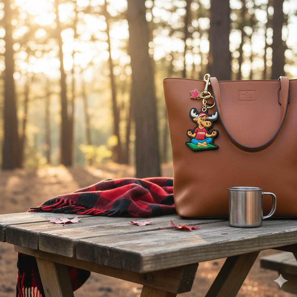 Canada Moose 3D PU Bag Charm Keychain with Fun Yoga Meditation Canada Design