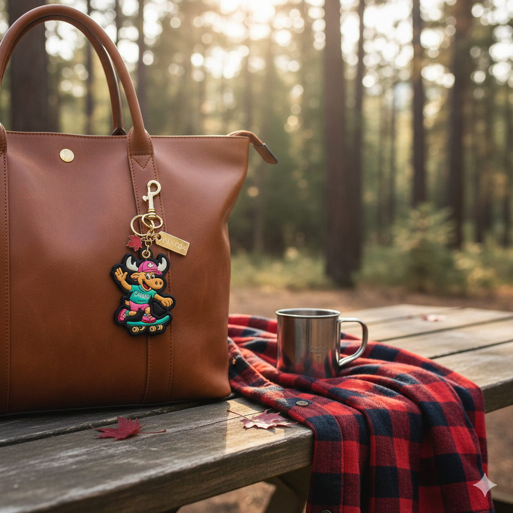 Canada Moose 3D PU Bag Charm Keychain with Fun Skateboarding Canada Design