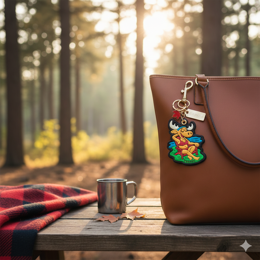 Canada Moose 3D PU Bag Charm Keychain with Fun Relaxing Vacation Canada Design