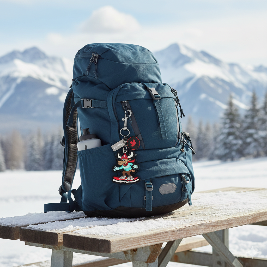 Canada Moose Embroidered Bag Charm Keychain with Fun Snowboarding Winter Canada Design
